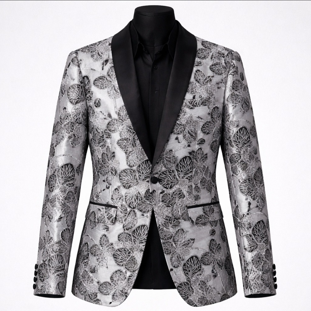 Suslo Couture Mens Silver Black Smoking Jacket Blazer Lapels Floral XS